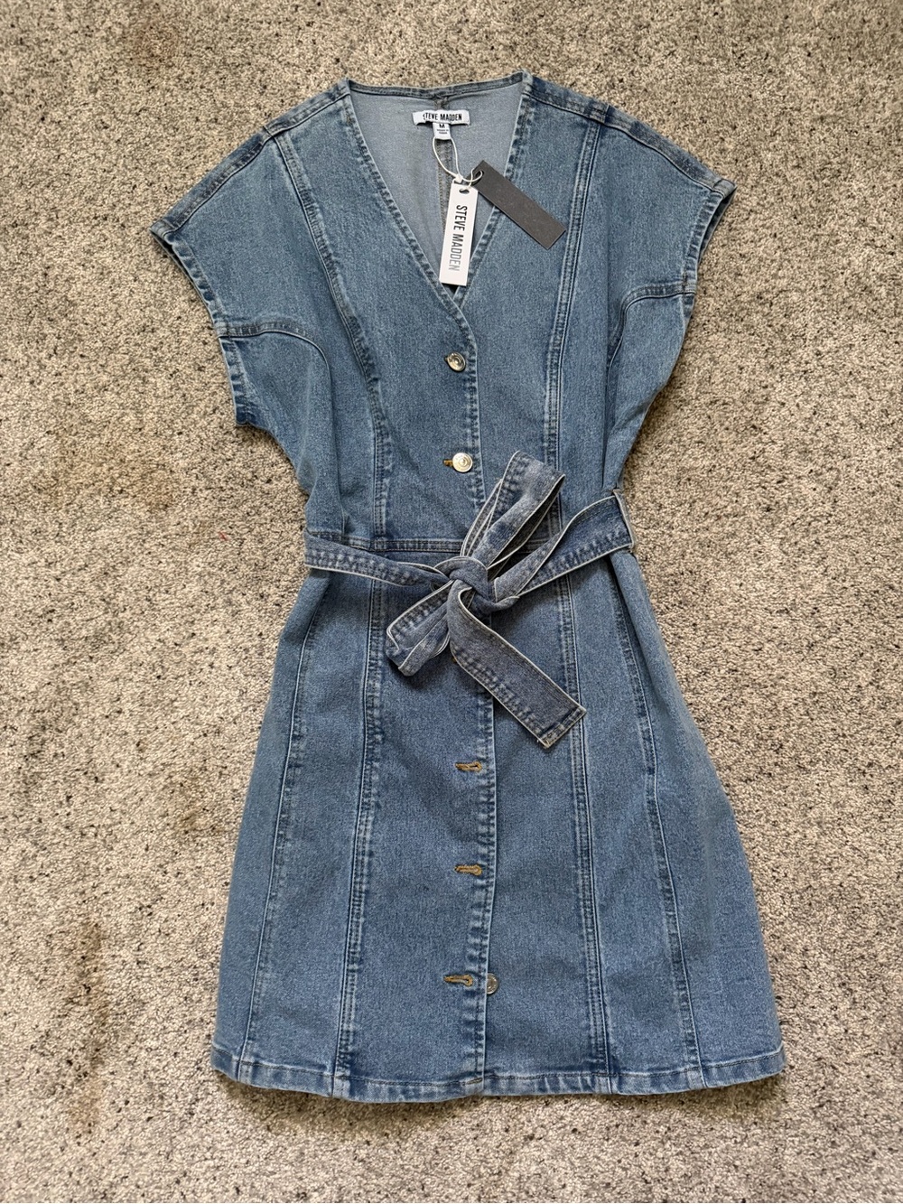 Steve Madden Washed Blue Denim Button-Front Tie-Waist Mini Dress